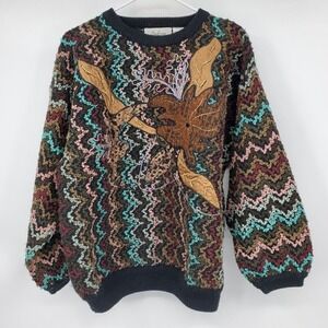 Vintage Sabree 3D Knit Zig Zag Leaf Crewneck‎ Sweater 1X Grunge Artsy 90s Y2K